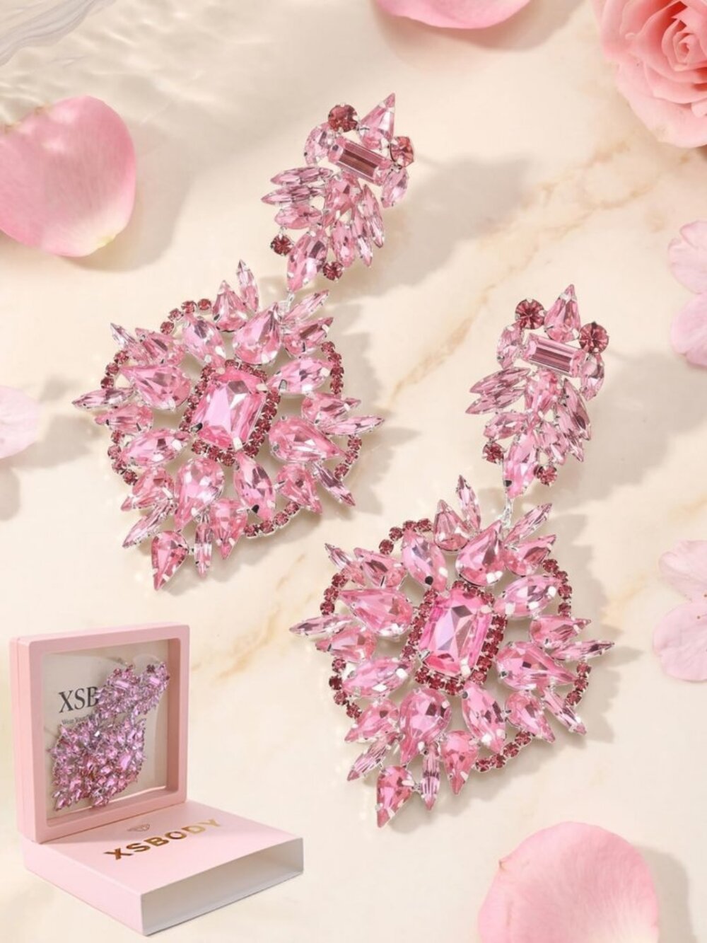 Trendy Silver Chandelier Earrings, Oversized Crystal Rhinestone Statement - Picture 7 of 9